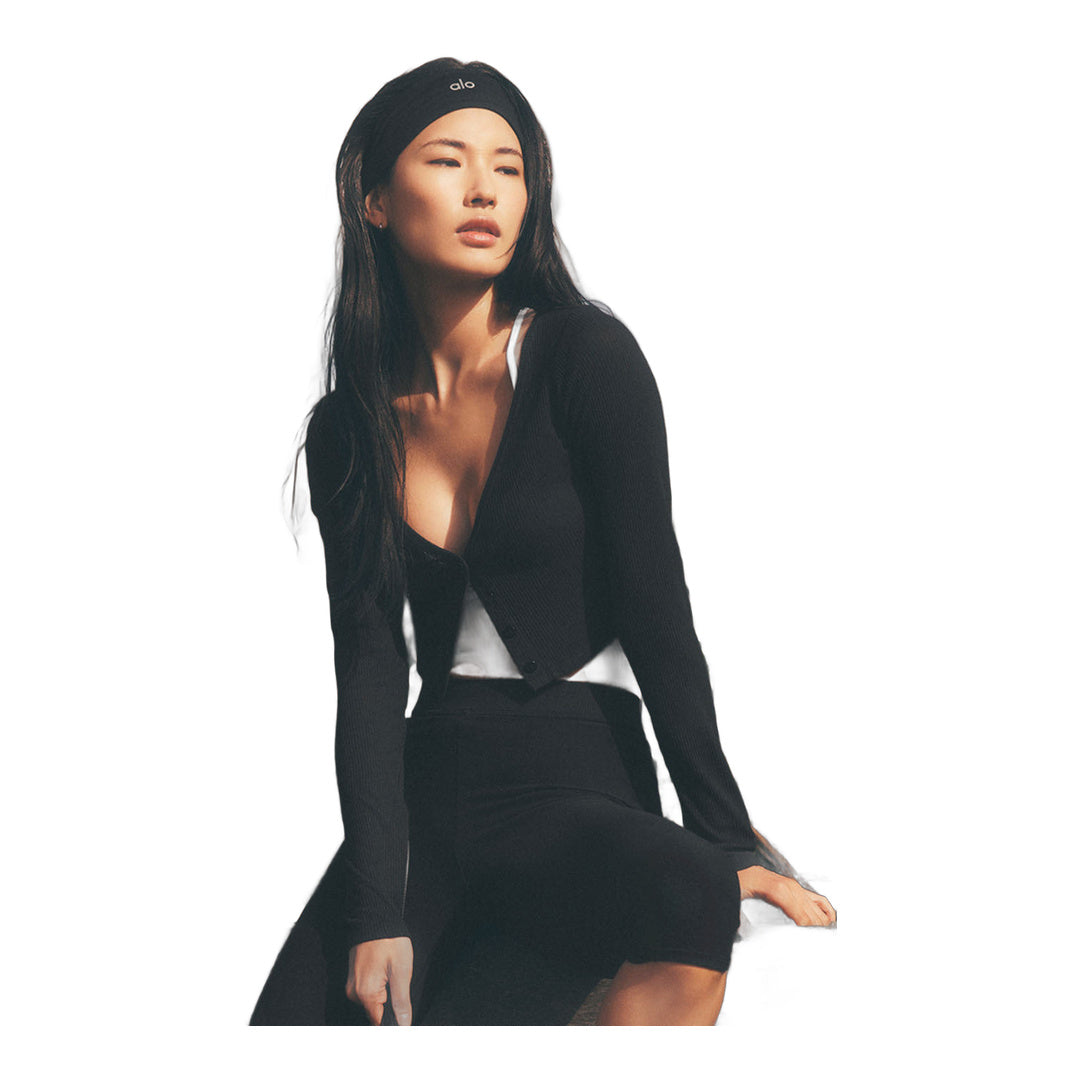alo Ribbed Cropped Whisper Cardigan - Black
