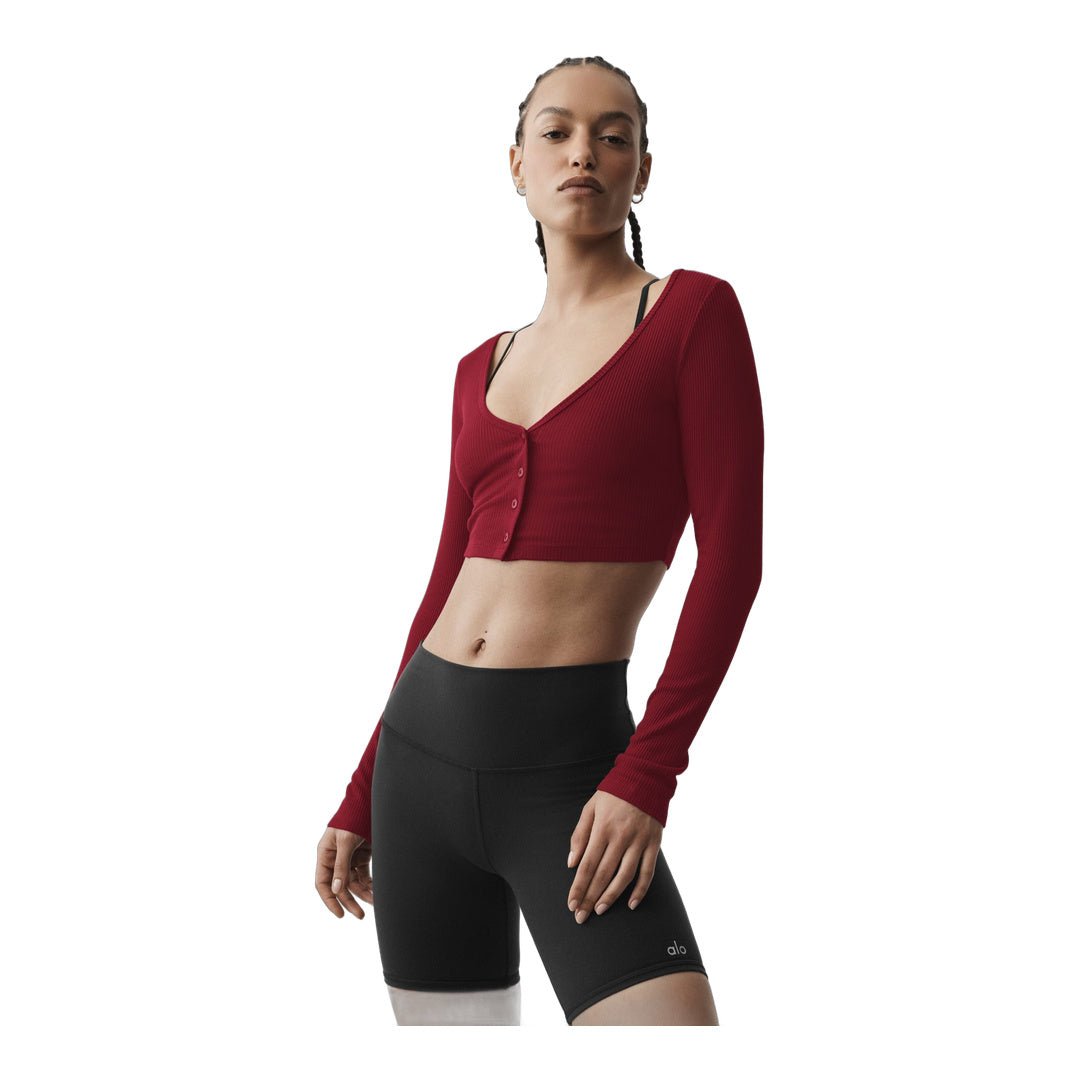 alo Ribbed Cropped Whisper Cardigan - Summer Romance Red