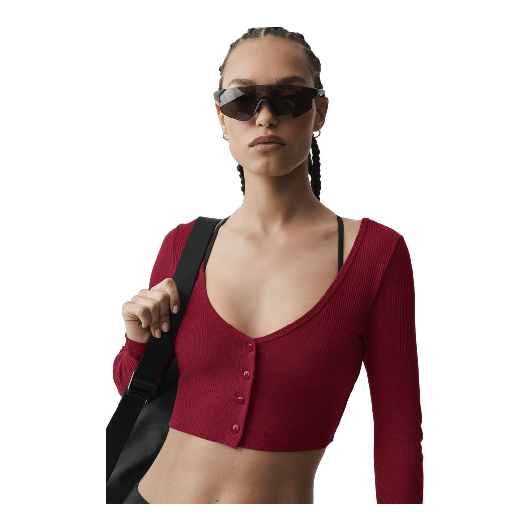 alo Ribbed Cropped Whisper Cardigan - Summer Romance Red