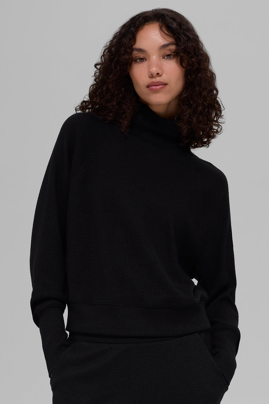 alo Waffle Weekend Escape Mock Neck Long Sleeve - Black