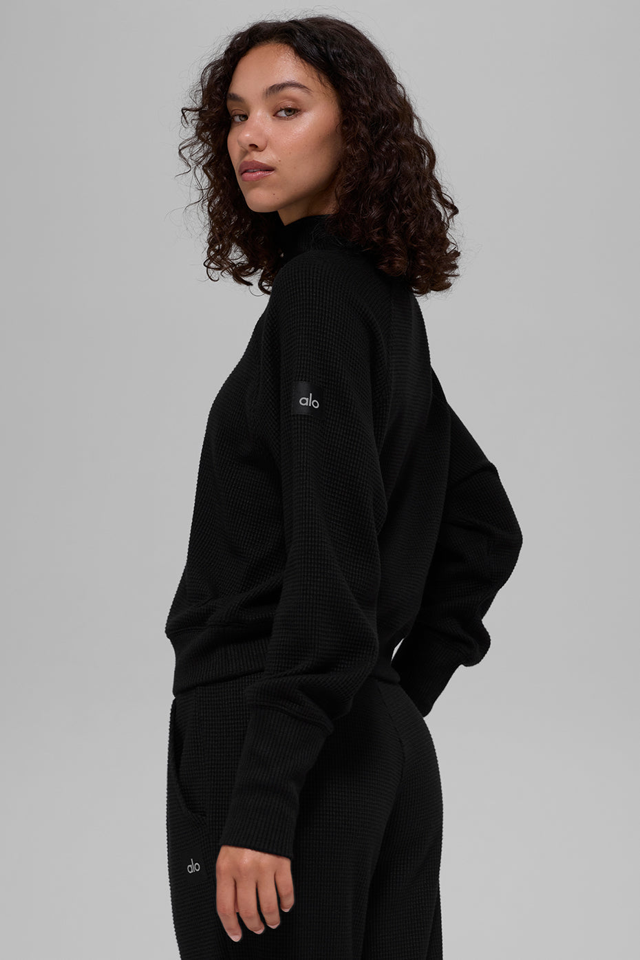 alo Waffle Weekend Escape Mock Neck Long Sleeve - Black