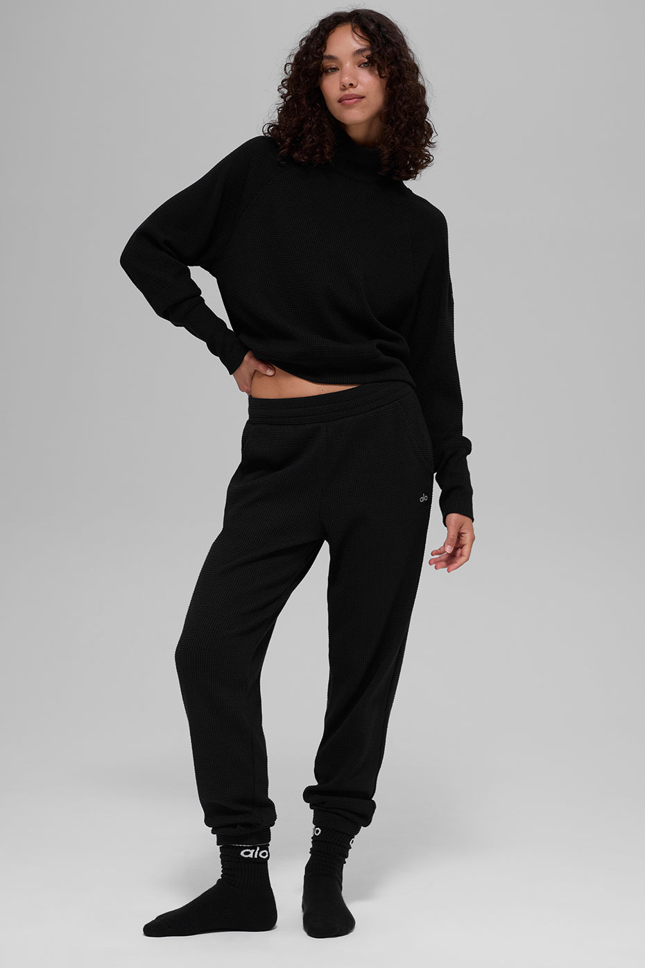 alo Waffle Weekend Escape Mock Neck Long Sleeve - Black