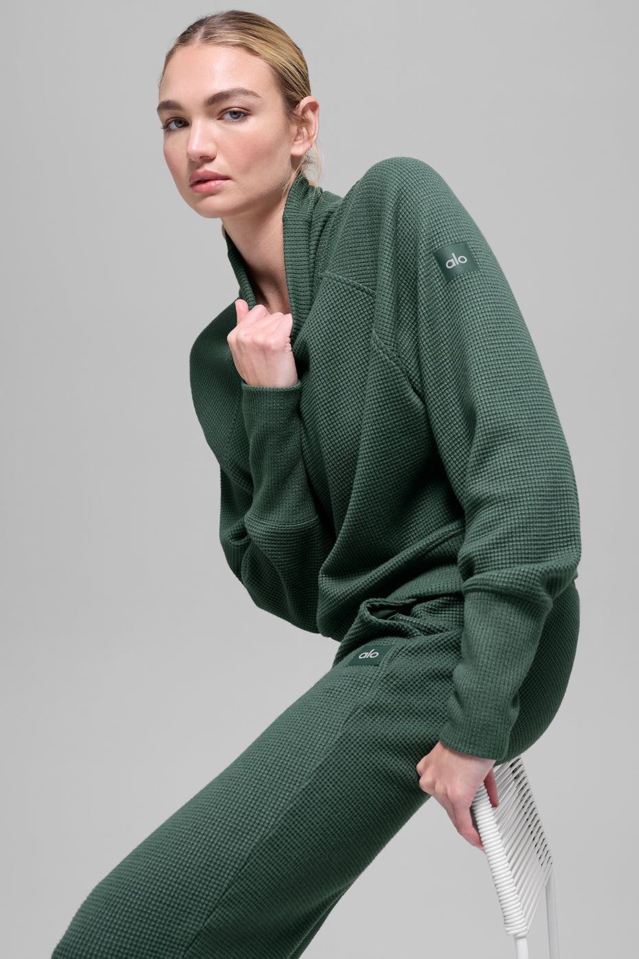 alo Waffle Weekend Escape Mock Neck Long Sleeve - Clover Green