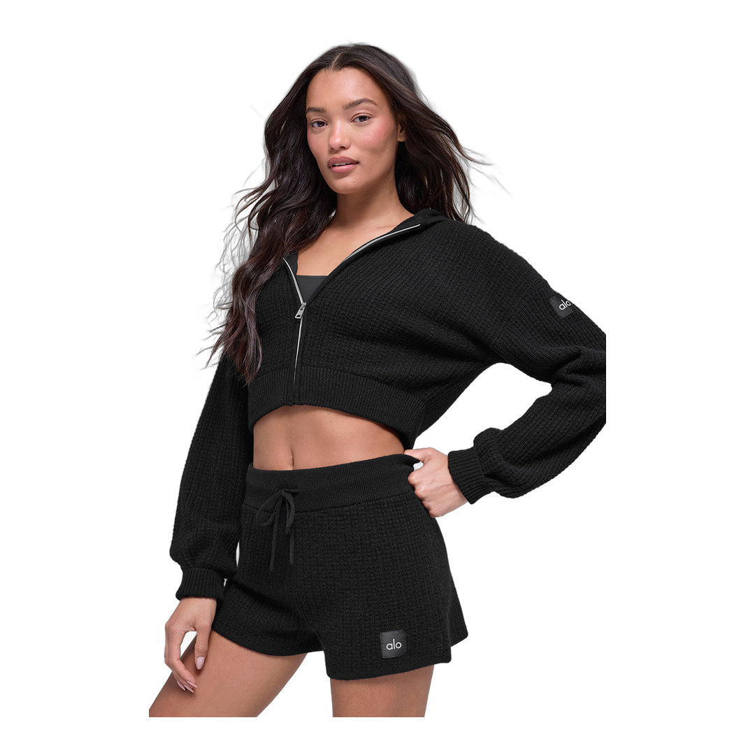 alo Cashmere Plush Waffle Full Zip Hoodie - Black