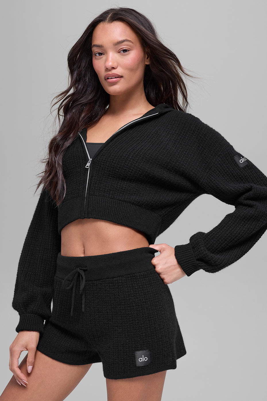 alo Cashmere Plush Waffle Full Zip Hoodie - Black