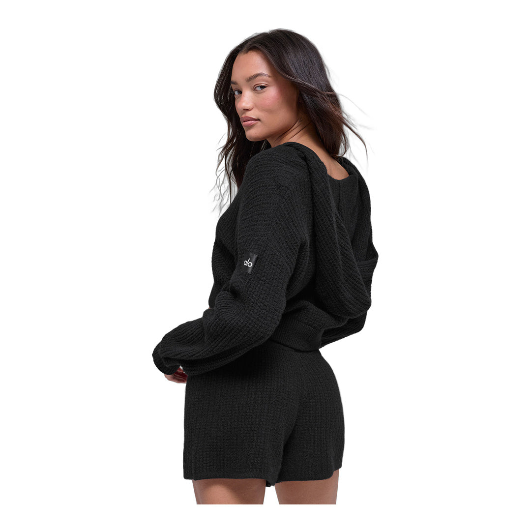 alo Cashmere Plush Waffle Full Zip Hoodie - Black
