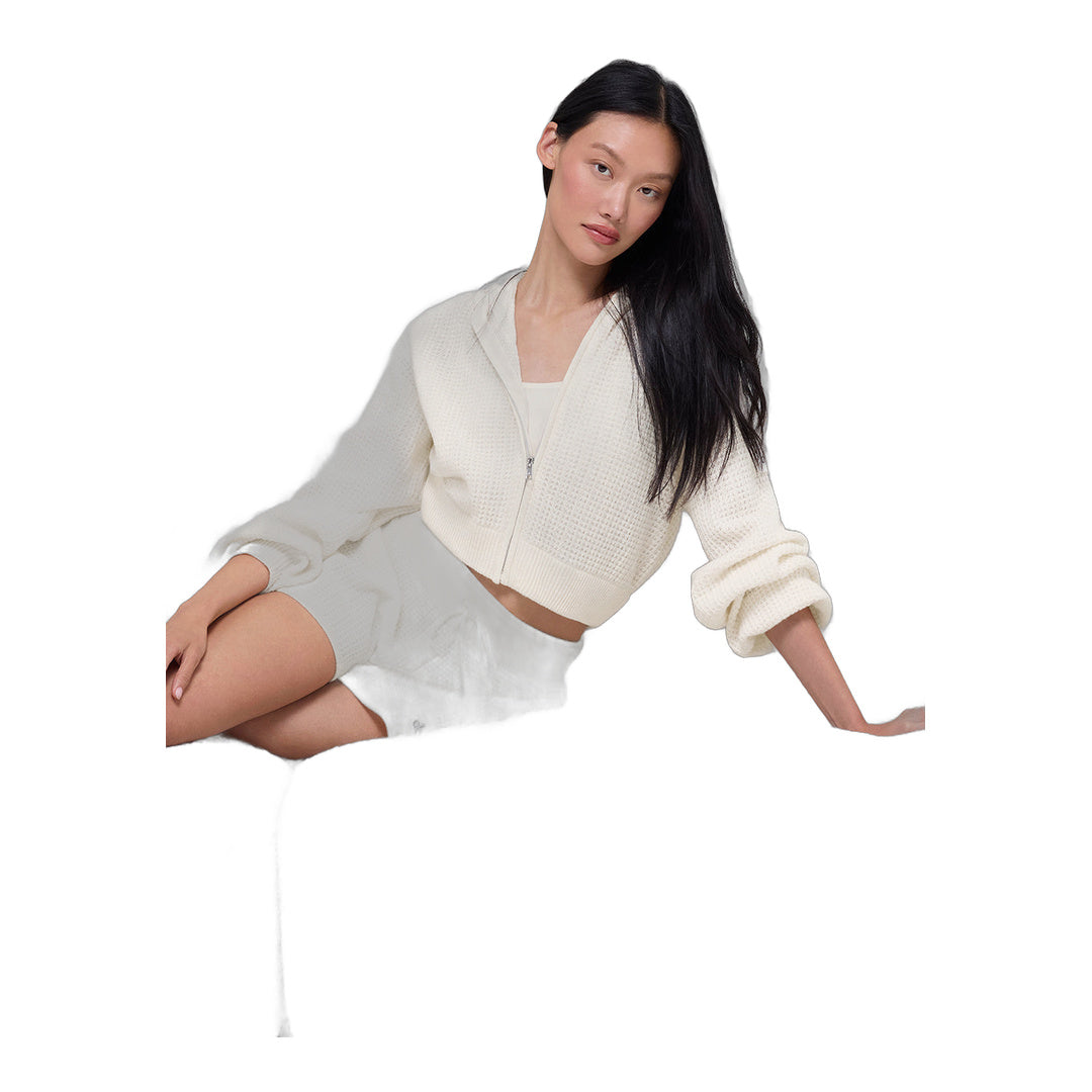 alo Cashmere Plush Waffle Full Zip Hoodie - Ivory