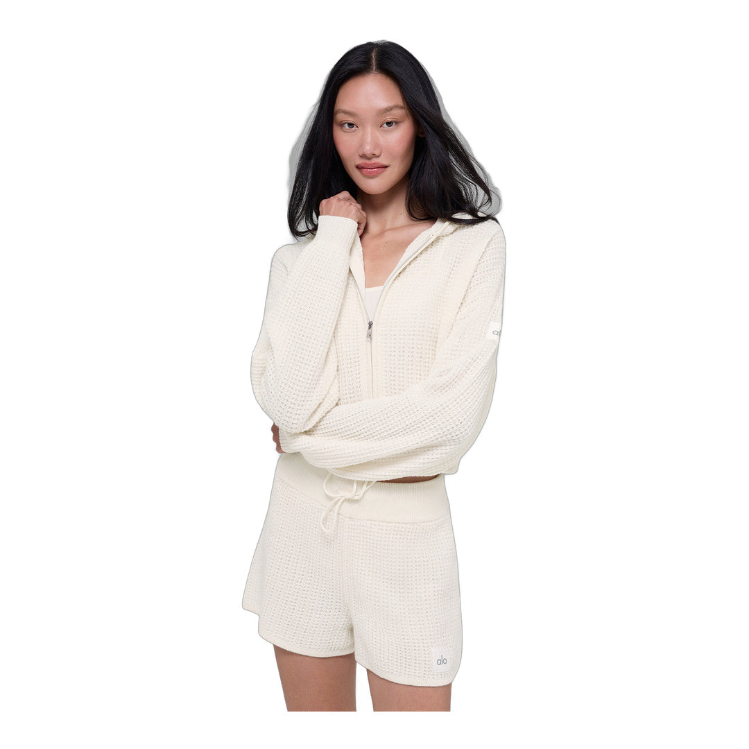 alo Cashmere Plush Waffle Full Zip Hoodie - Ivory