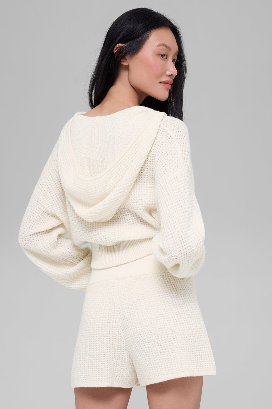 alo Cashmere Plush Waffle Full Zip Hoodie - Ivory