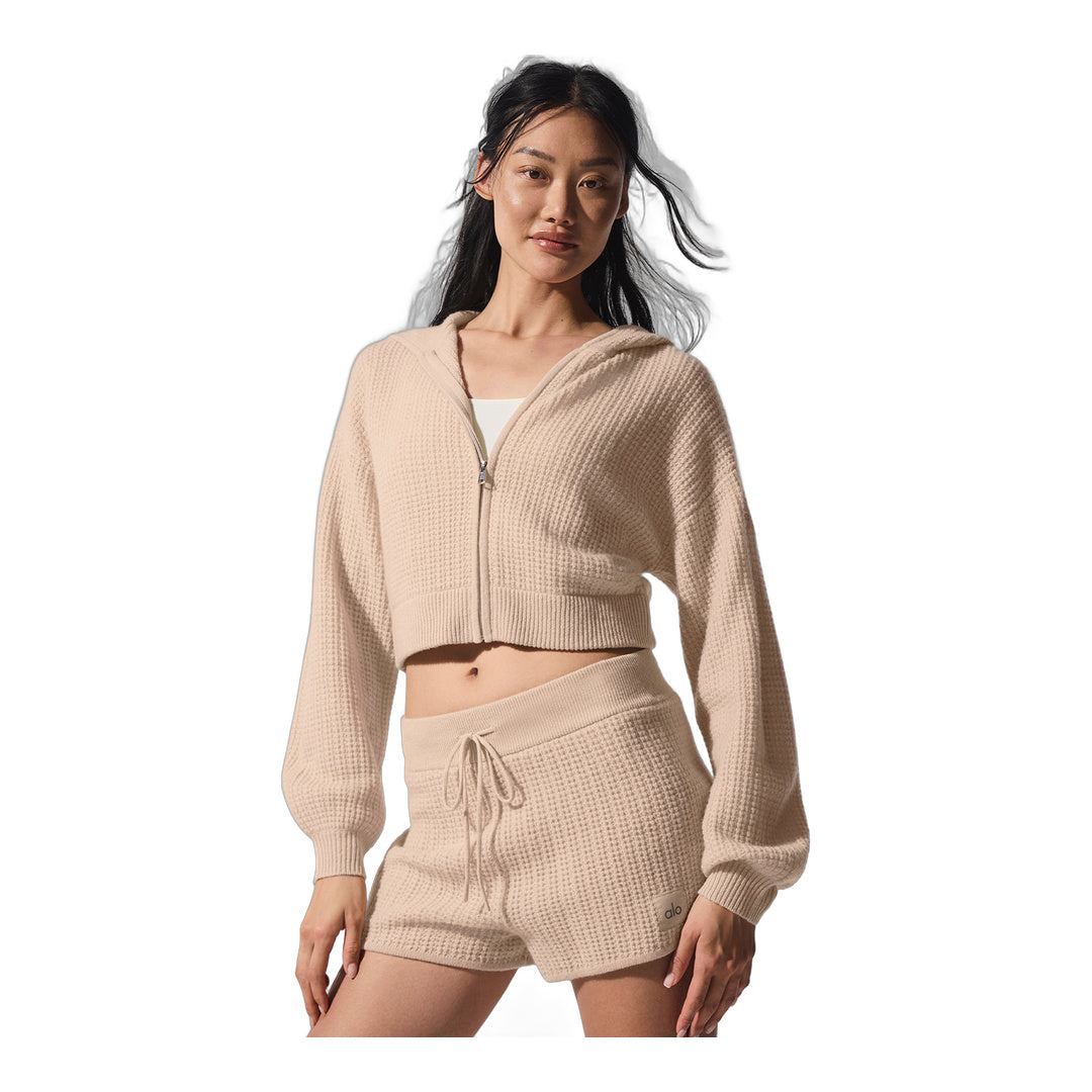 alo Cashmere Plush Waffle Full Zip Hoodie - Macadamia Blush