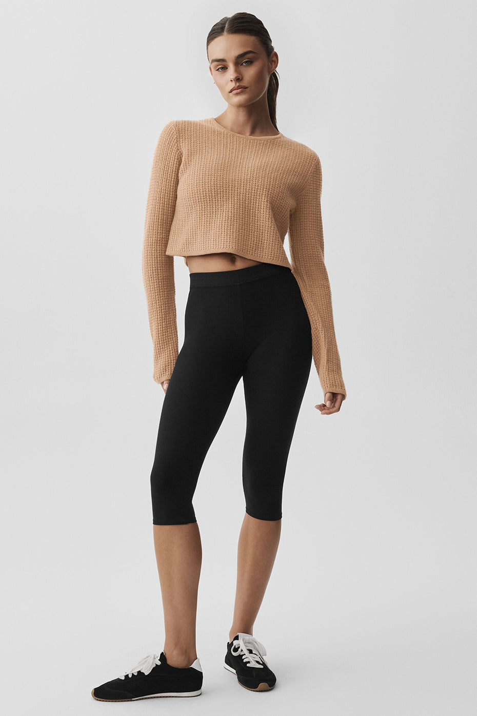 alo Cashmere Plush Waffle Cropped Long Sleeve - Toasted Almond