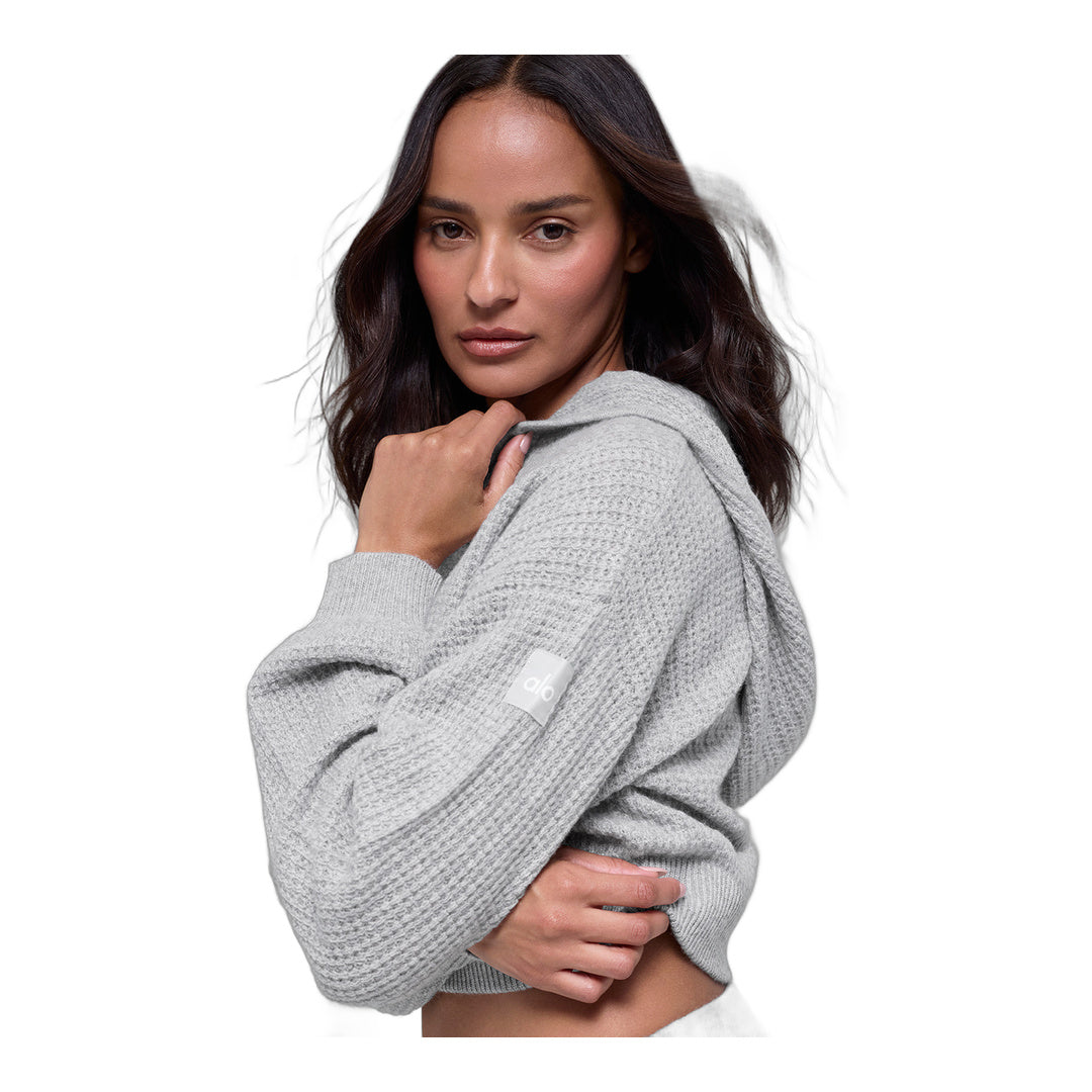 alo Cashmere Plush Waffle Full Zip Hoodie - Athletic Heather Grey