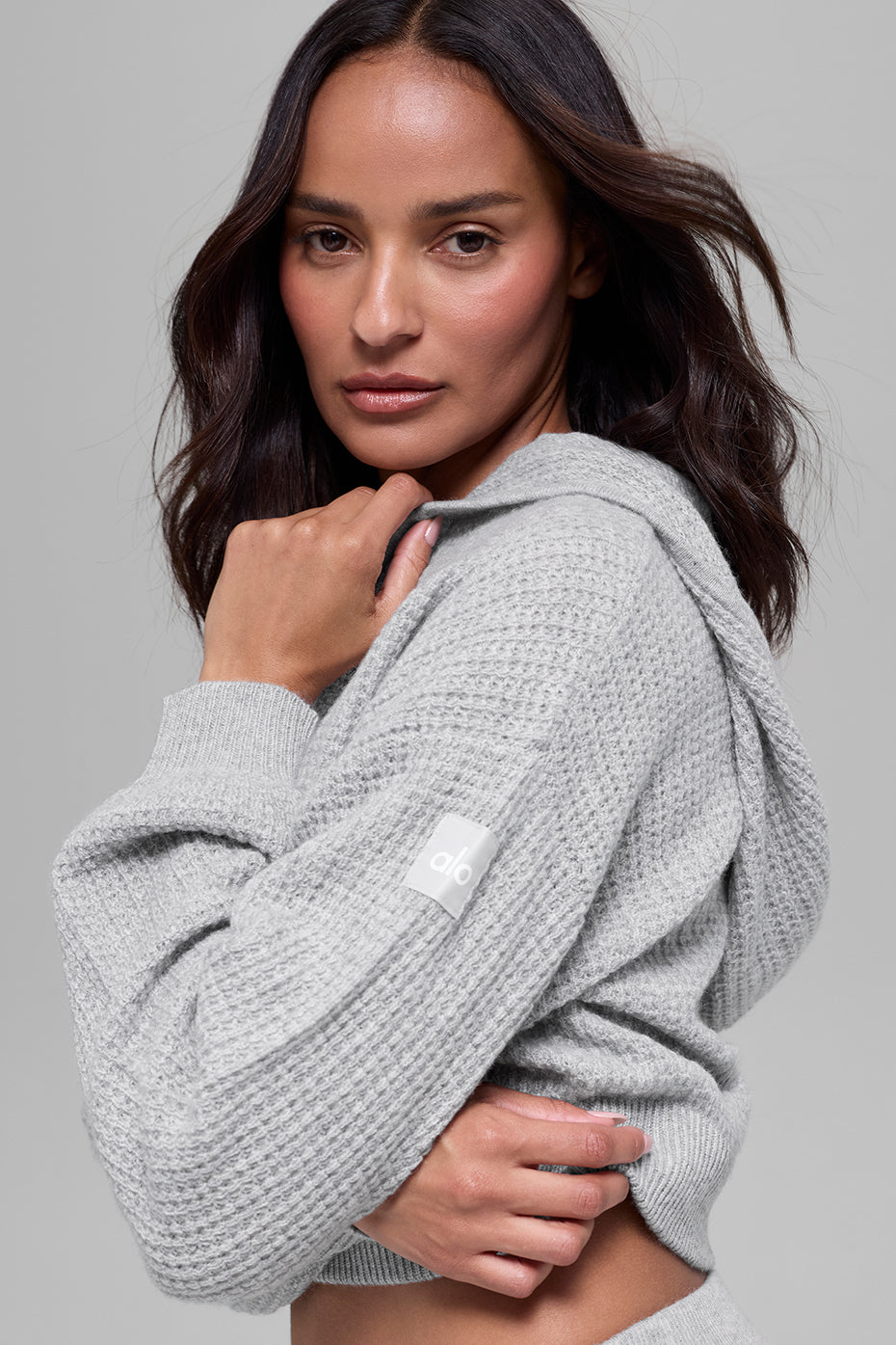 alo Cashmere Plush Waffle Full Zip Hoodie - Athletic Heather Grey