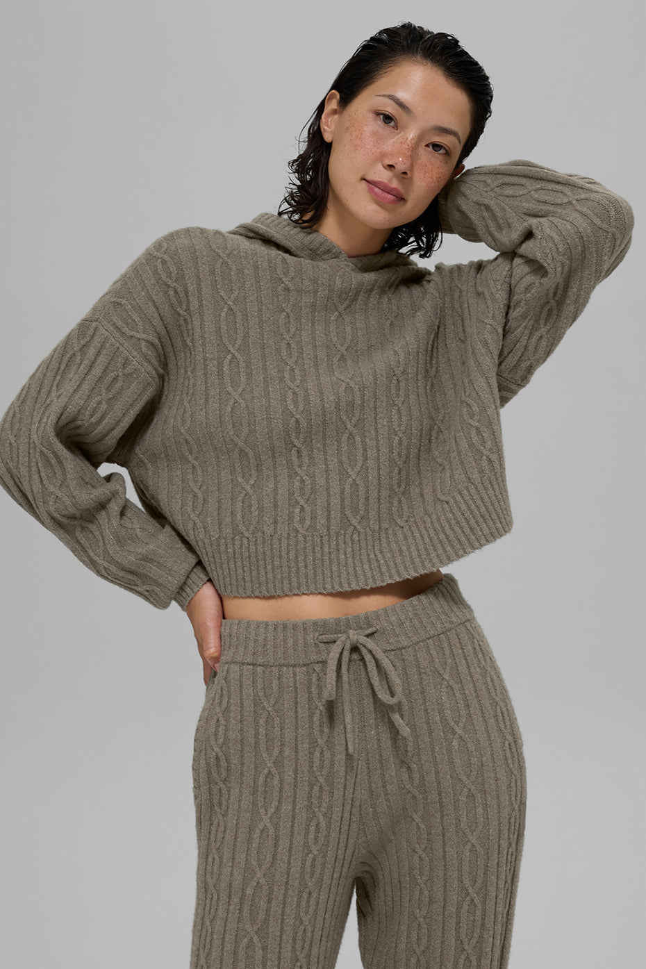 alo Cable Knit Winter Bliss Hoodie - Light Cocoa