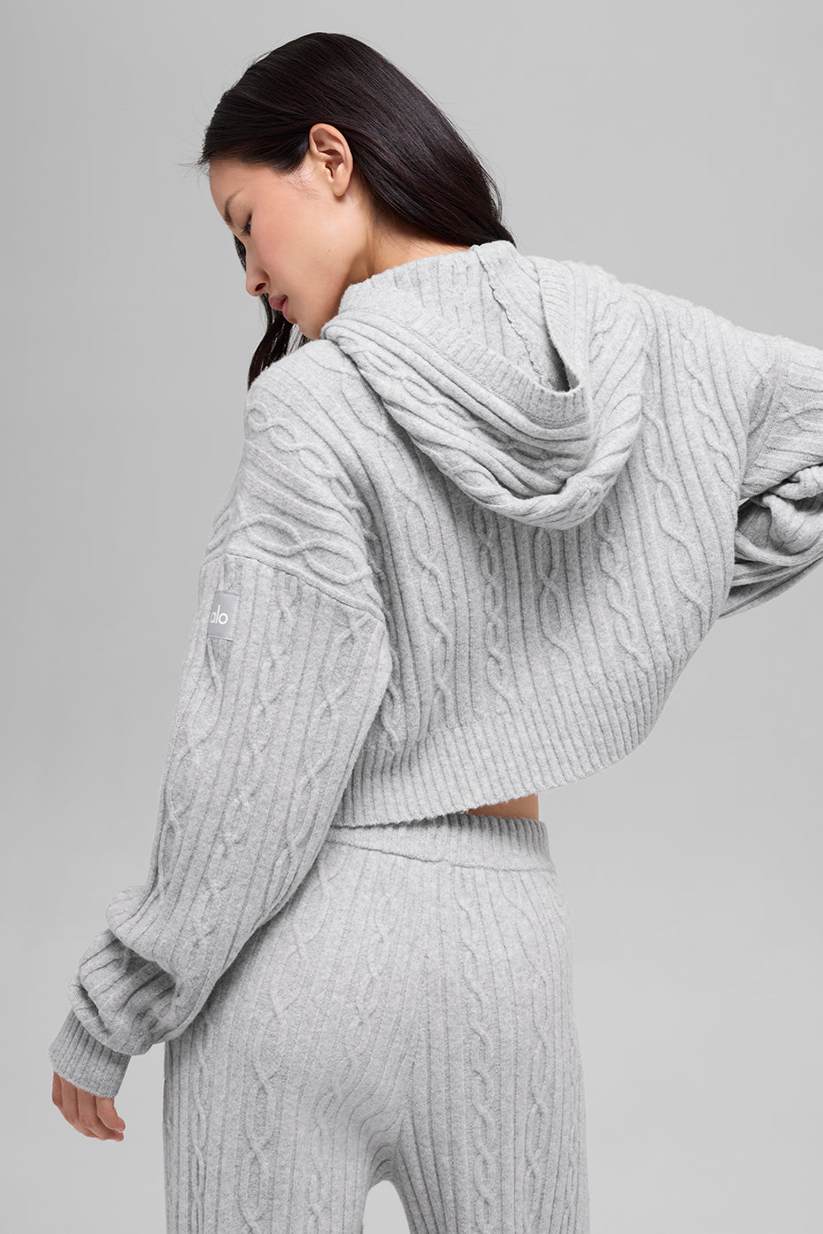 alo Cable Knit Winter Bliss Hoodie - Athletic Heather Grey