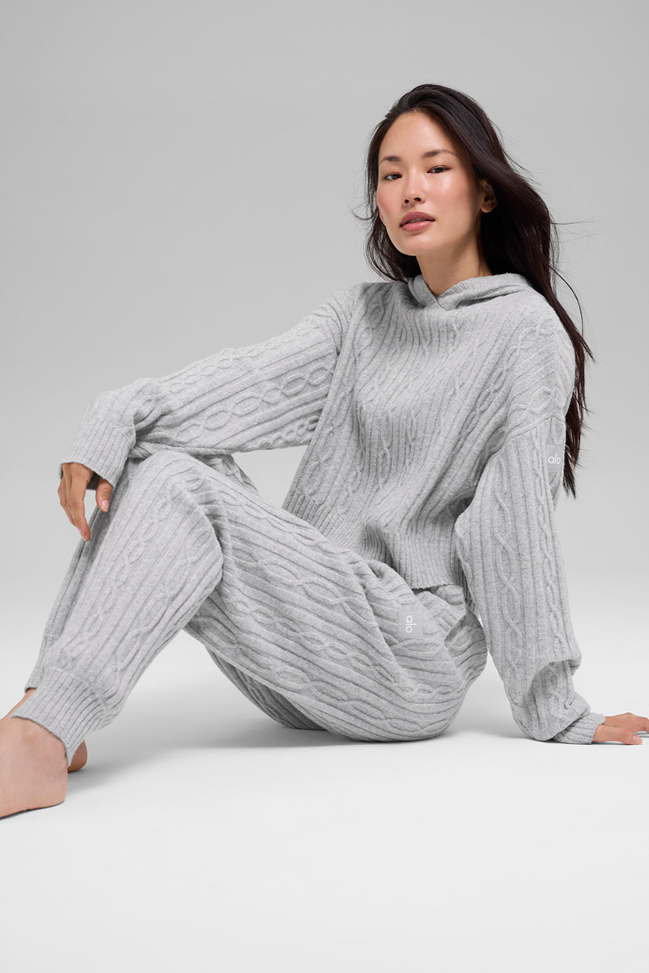 alo Cable Knit Winter Bliss Hoodie - Athletic Heather Grey