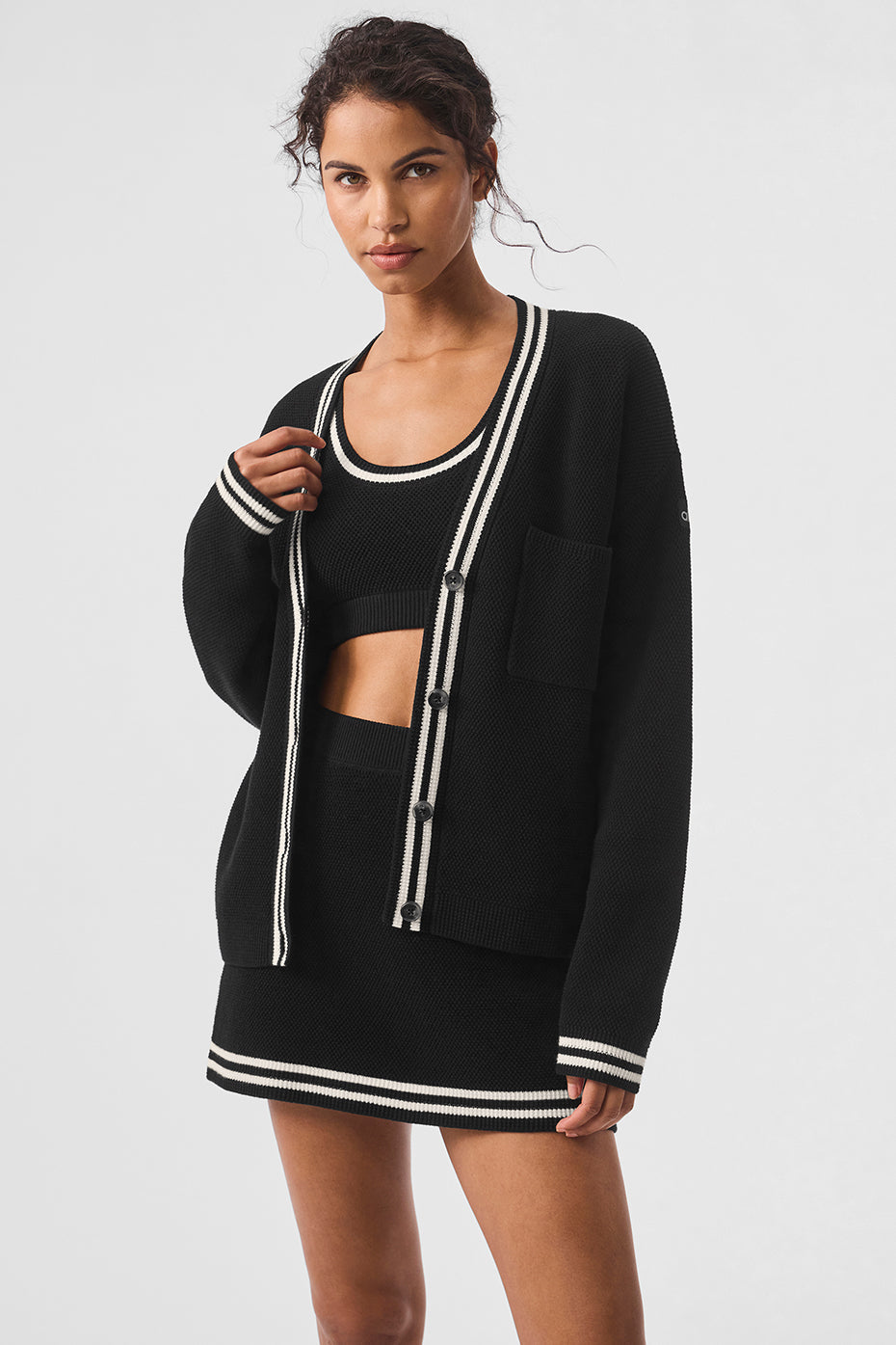 alo Tennis Club Sweater Knit Cardigan - Black/Ivory