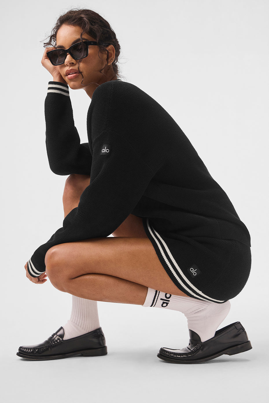 alo Tennis Club Sweater Knit Cardigan - Black/Ivory