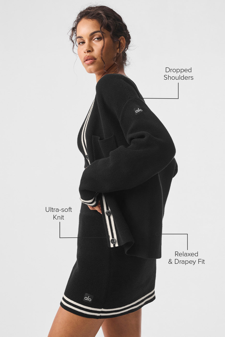 alo Tennis Club Sweater Knit Cardigan - Black/Ivory