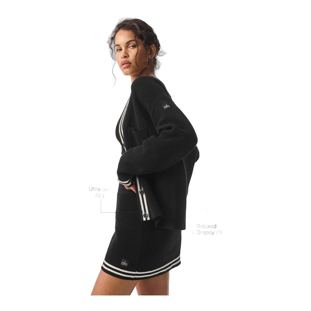 alo Tennis Club Sweater Knit Cardigan - Black/Ivory