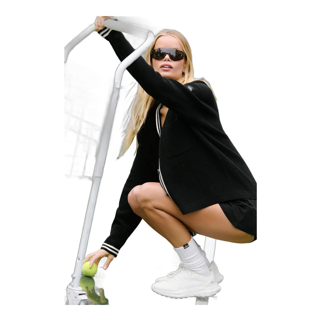 alo Tennis Club Sweater Knit Cardigan - Black/Ivory