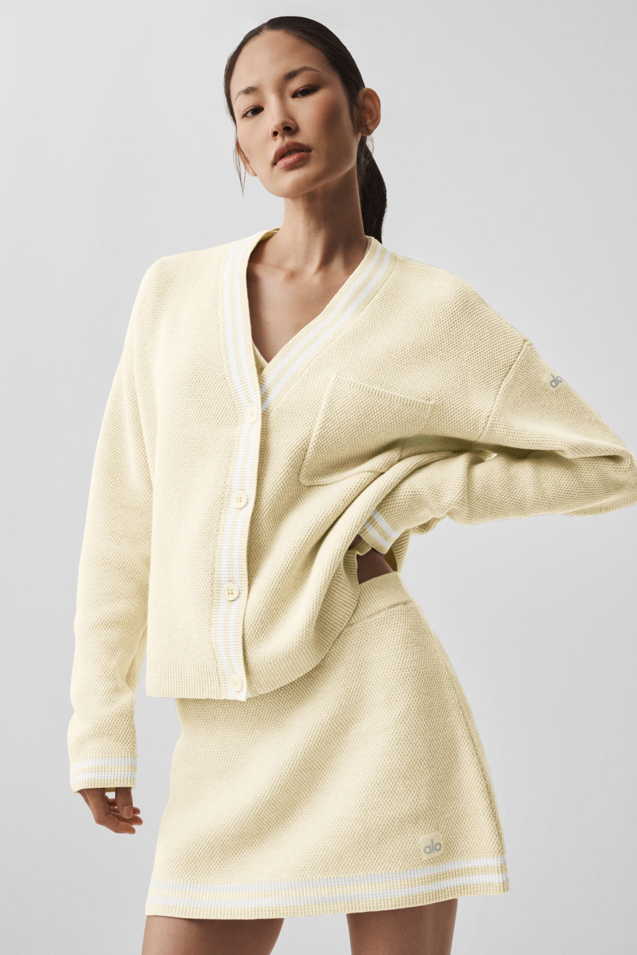 alo Tennis Club Sweater Knit Cardigan - Oatmeal/White