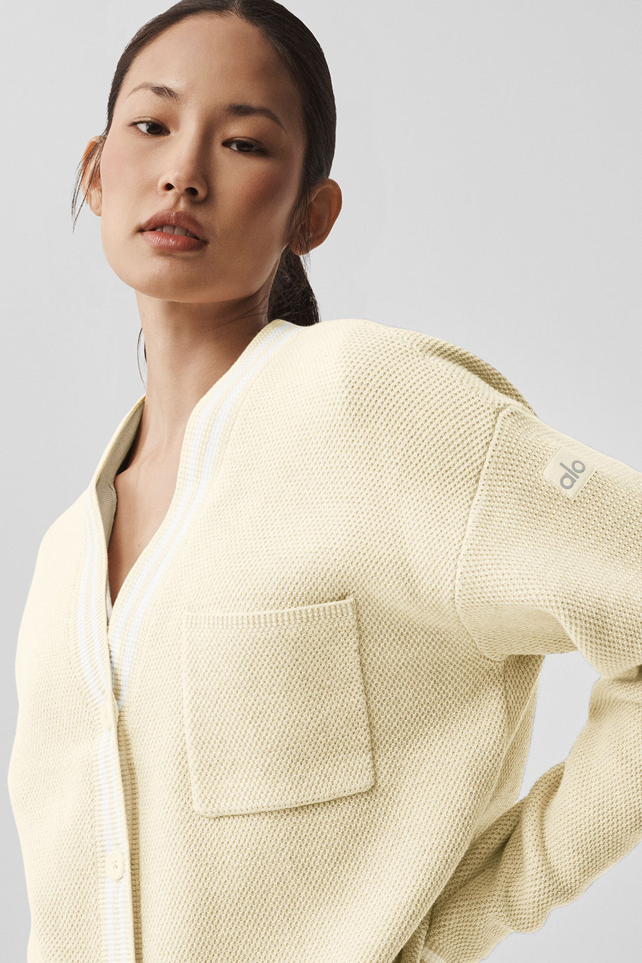 alo Tennis Club Sweater Knit Cardigan - Oatmeal/White