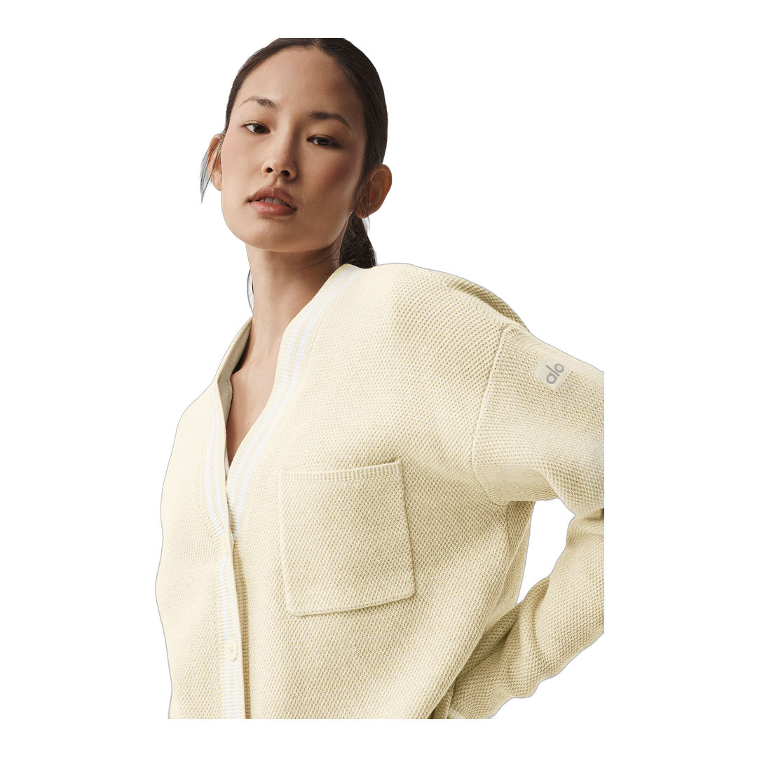 alo Tennis Club Sweater Knit Cardigan - Oatmeal/White