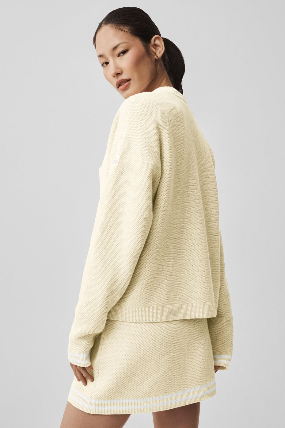 alo Tennis Club Sweater Knit Cardigan - Oatmeal/White