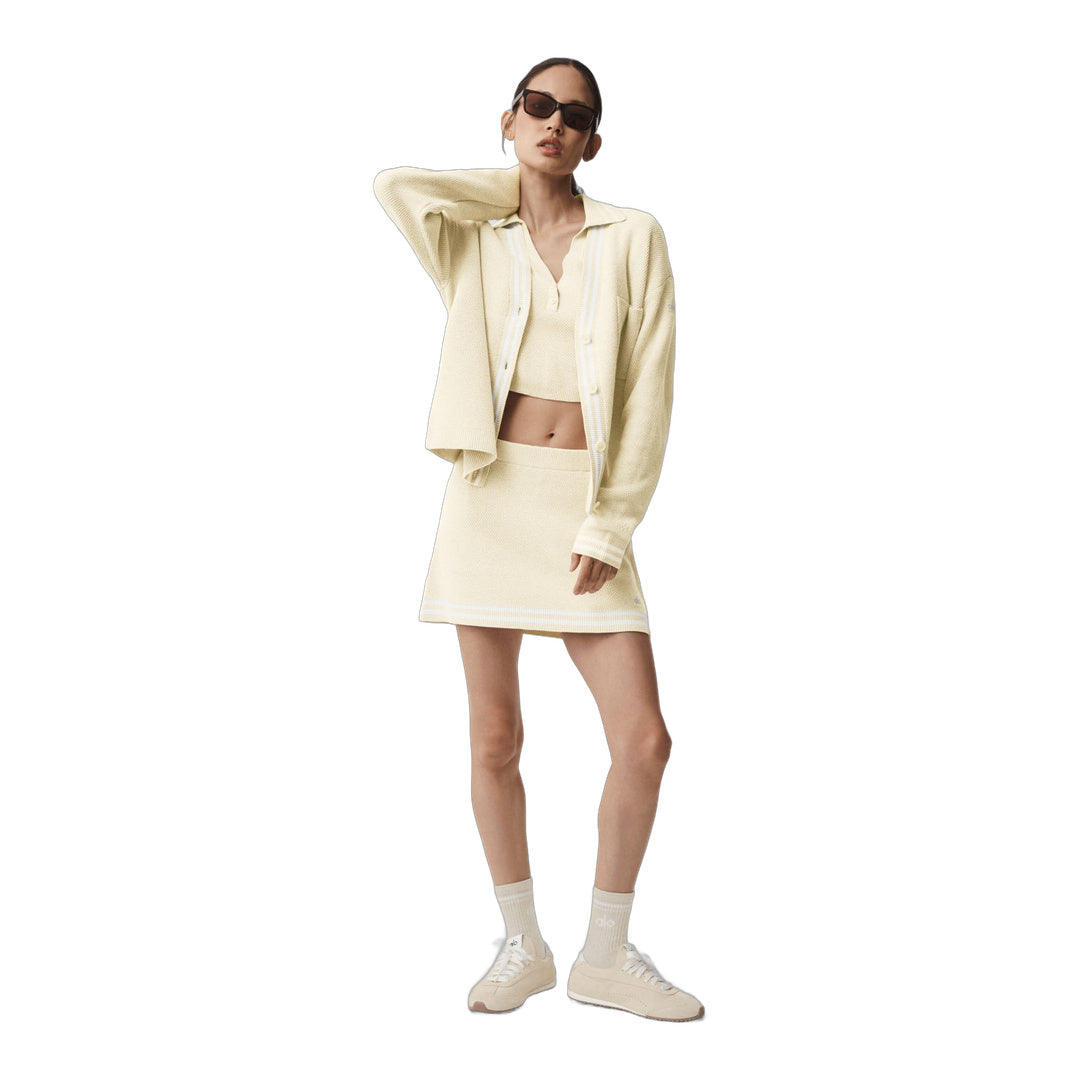 alo Tennis Club Sweater Knit Cardigan - Oatmeal/White