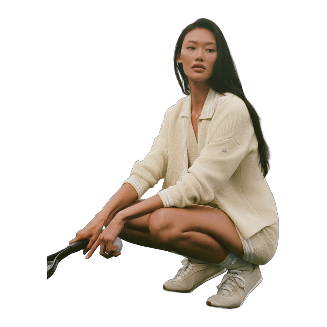 alo Tennis Club Sweater Knit Cardigan - Oatmeal/White