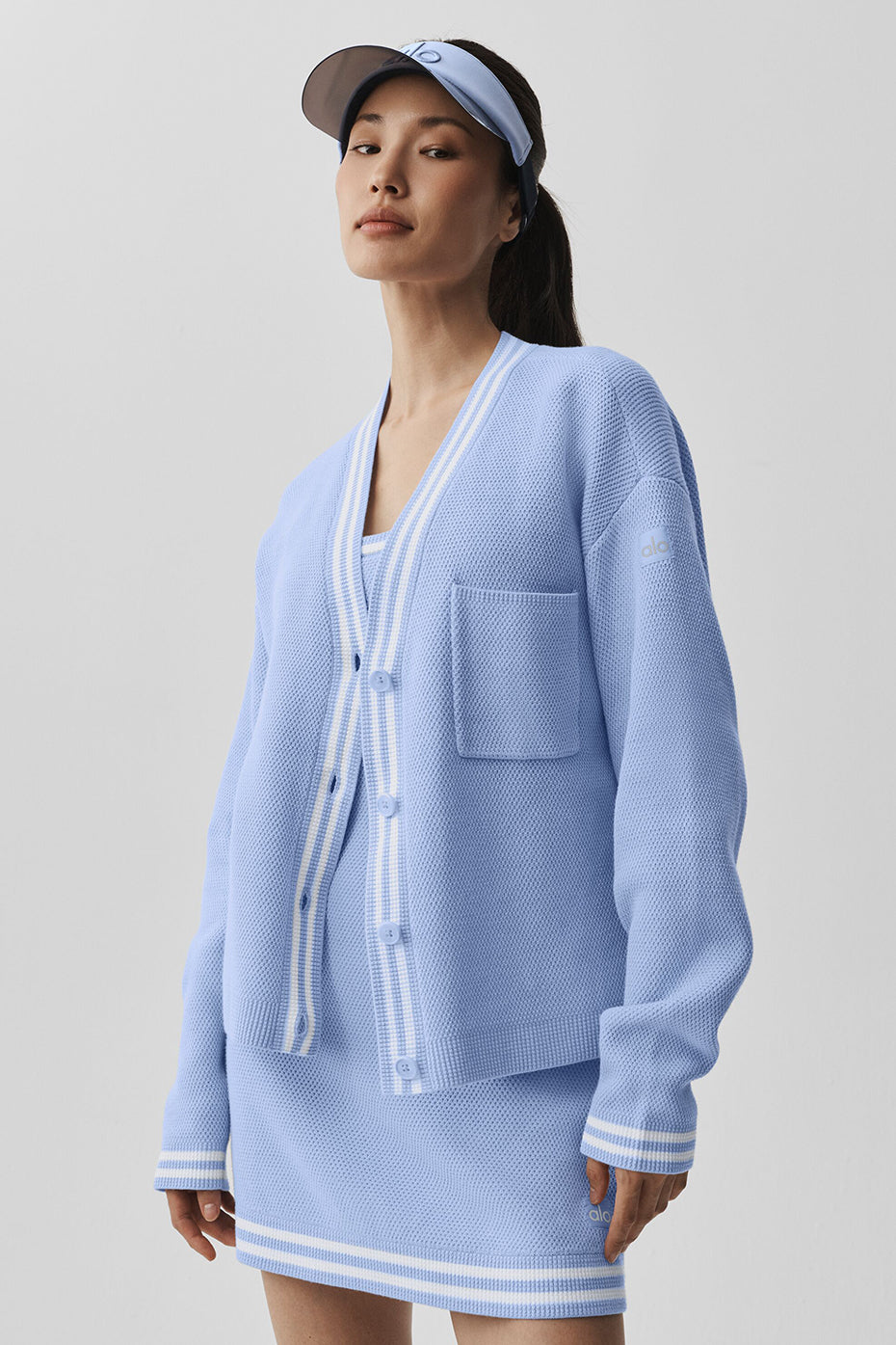 alo Tennis Club Sweater Knit Cardigan - Light Provence Blue/White