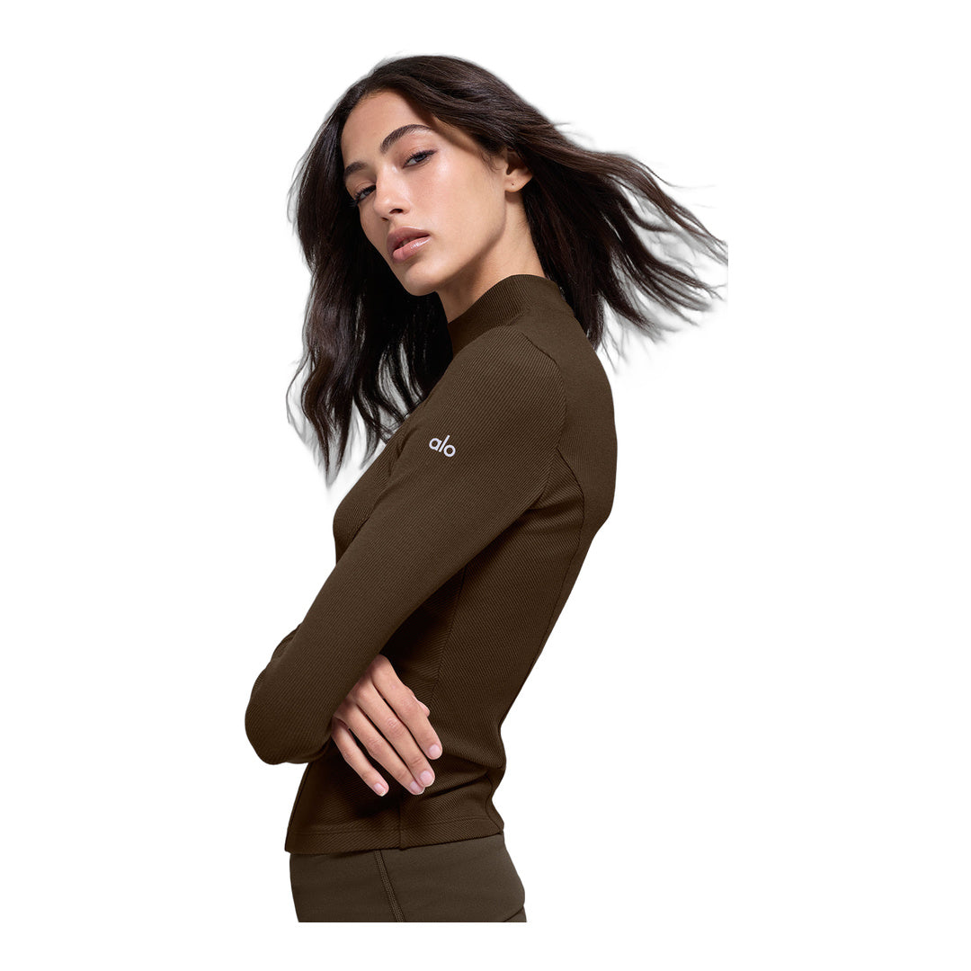 alo Ribbed Mesmerize Mock Neck Long Sleeve - Espresso