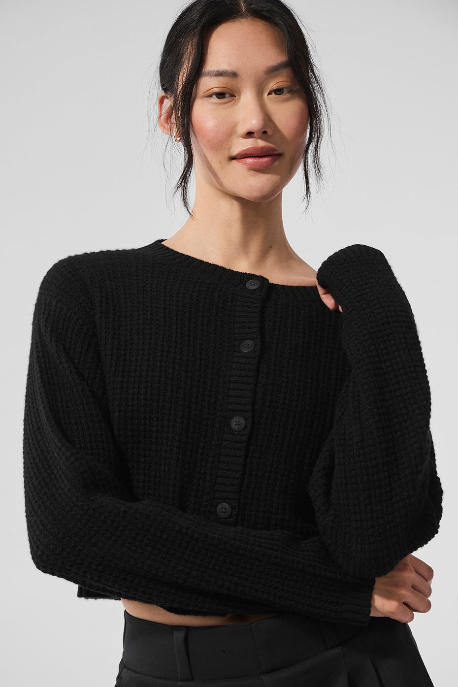alo Cashmere Plush Waffle Cardigan - Black