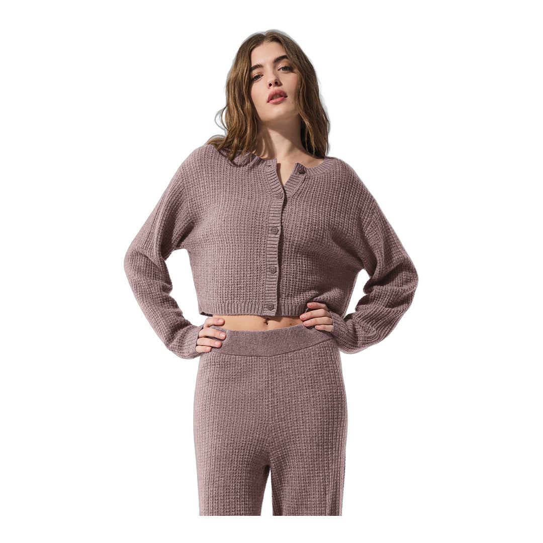 alo Cashmere Plush Waffle Cardigan - Mushroom Heather