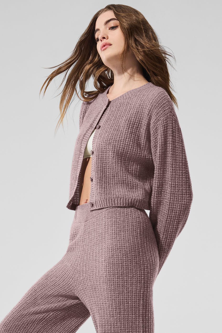 alo Cashmere Plush Waffle Cardigan - Mushroom Heather