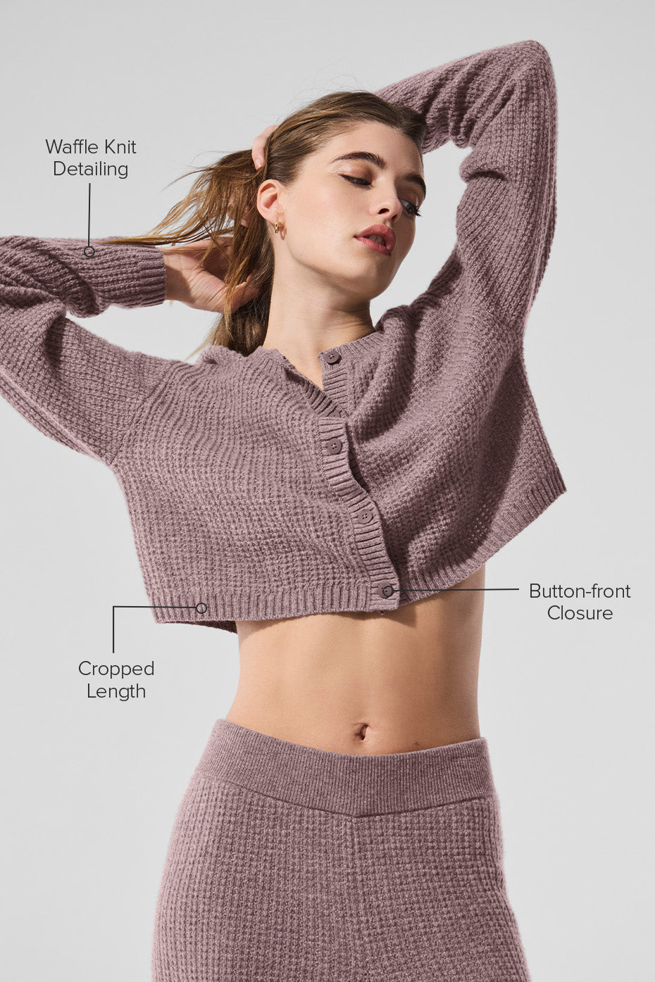 alo Cashmere Plush Waffle Cardigan - Mushroom Heather