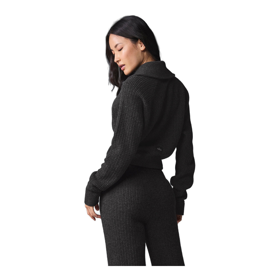 alo Cashmere Plush Waffle 1/4 Zip Pullover - Dark Heather Grey