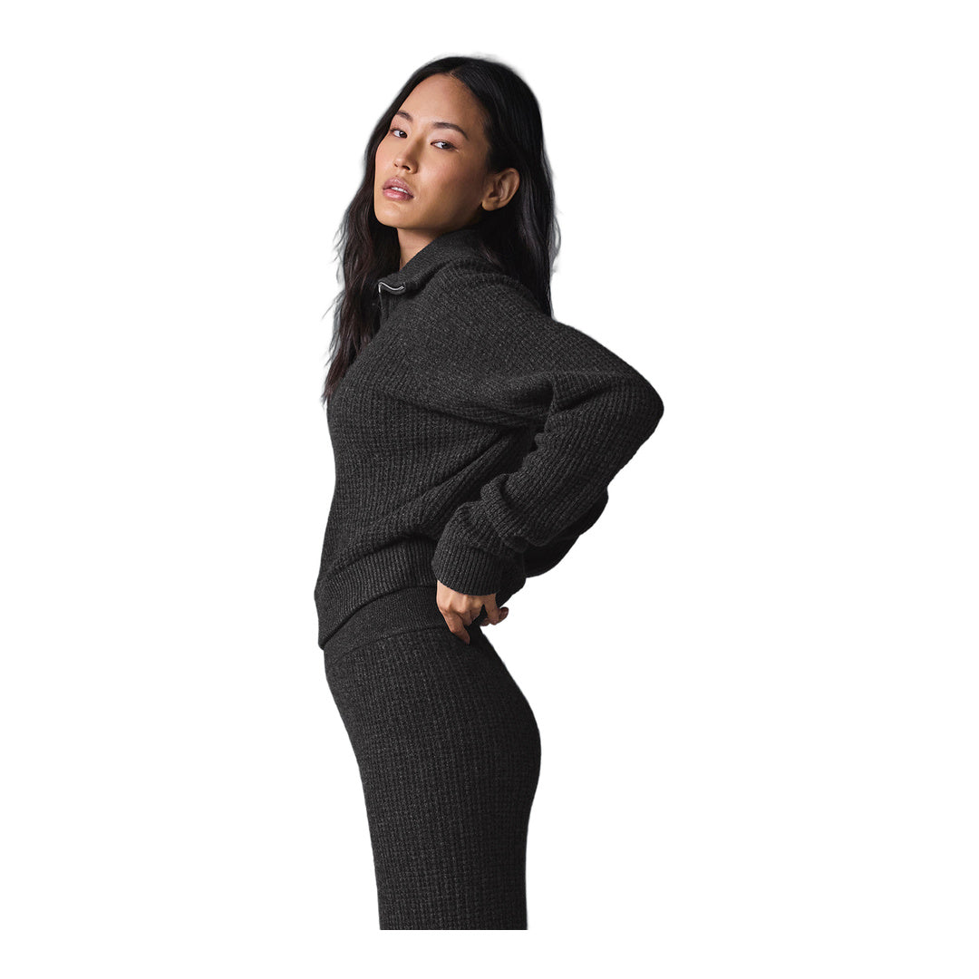 alo Cashmere Plush Waffle 1/4 Zip Pullover - Dark Heather Grey