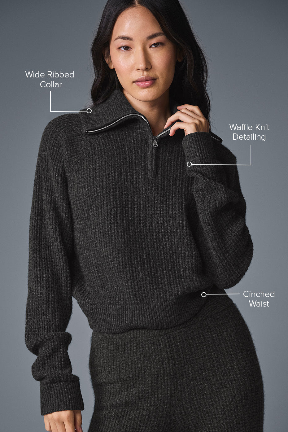 alo Cashmere Plush Waffle 1/4 Zip Pullover - Dark Heather Grey