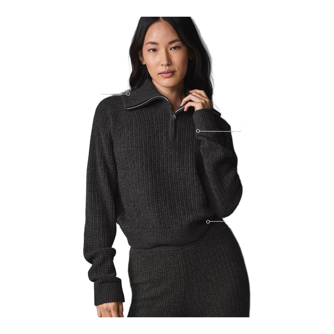 alo Cashmere Plush Waffle 1/4 Zip Pullover - Dark Heather Grey