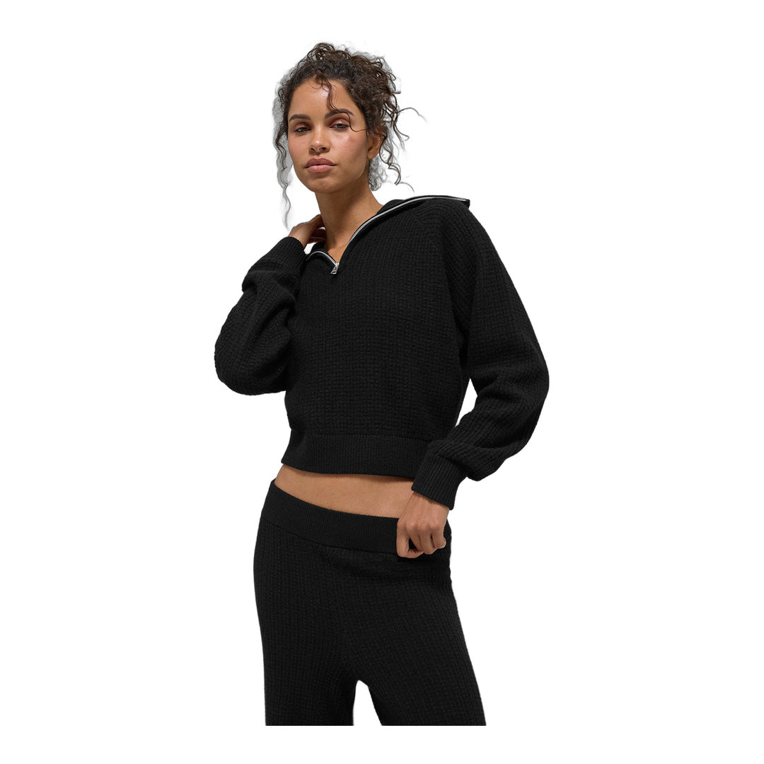 alo Cashmere Plush Waffle 1/4 Zip Pullover - Black