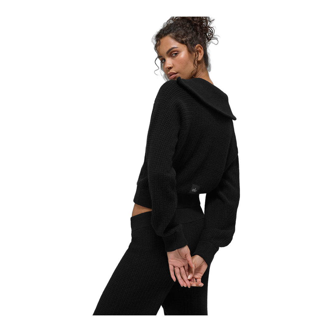 alo Cashmere Plush Waffle 1/4 Zip Pullover - Black
