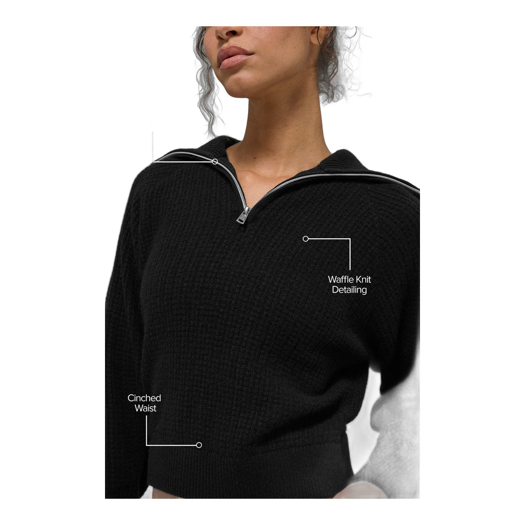 alo Cashmere Plush Waffle 1/4 Zip Pullover - Black