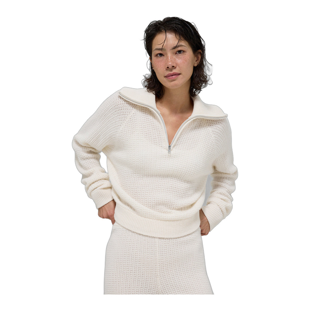 alo Cashmere Plush Waffle 1/4 Zip Pullover - Ivory