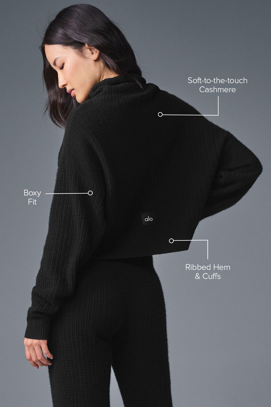 alo Cashmere Plush Waffle Turtleneck Pullover - Black