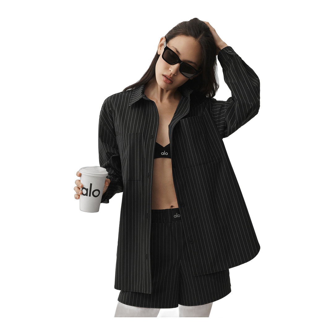 alo Pinstripe Daylight Button Down Long Sleeve - Black/Titanium