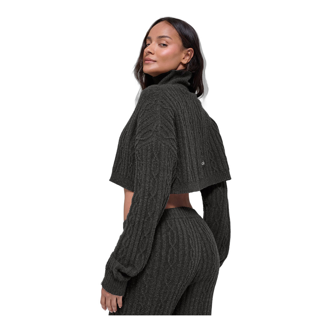 alo Cable Knit Cropped Winter Bliss Turtleneck Long Sleeve - Dark Heather Grey