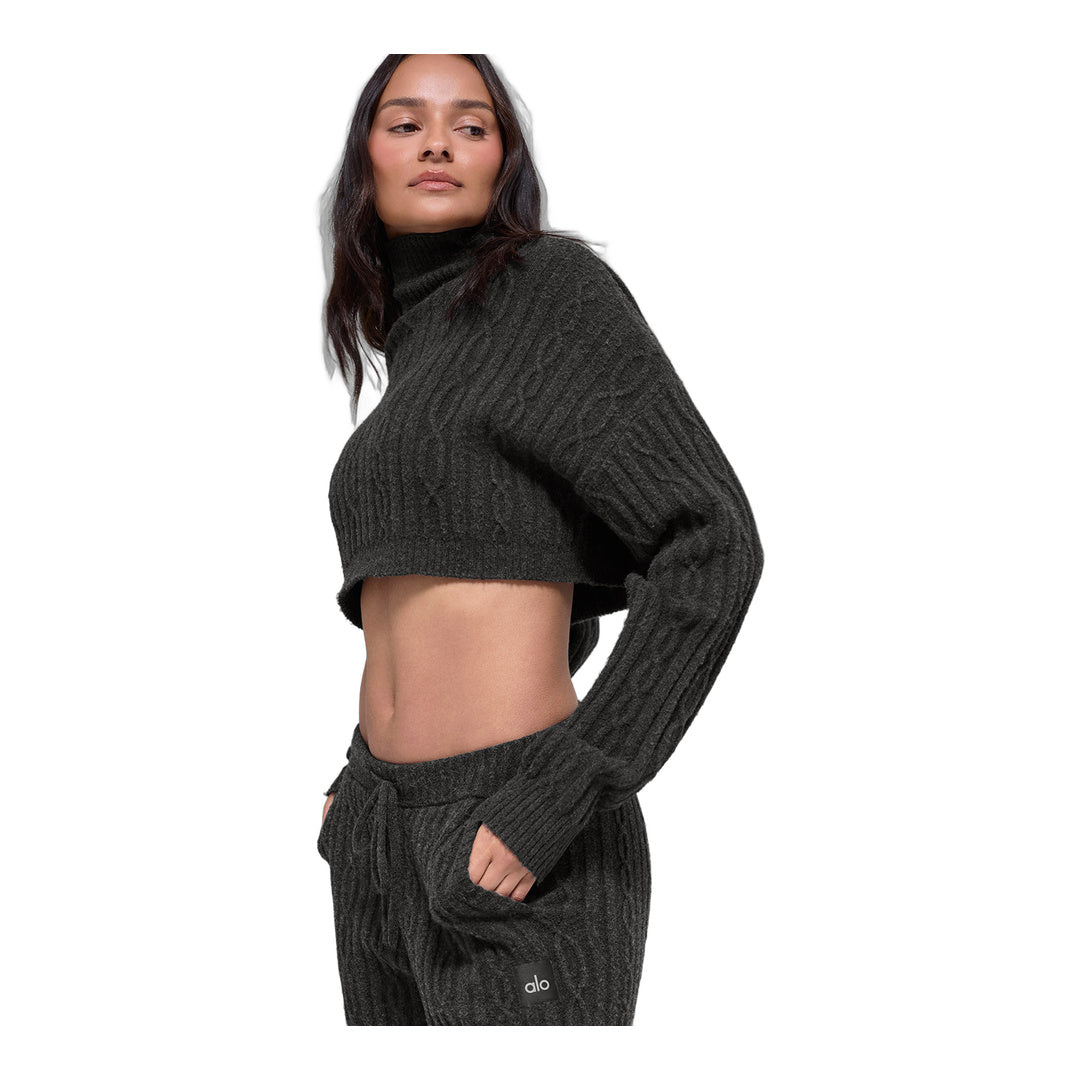 alo Cable Knit Cropped Winter Bliss Turtleneck Long Sleeve - Dark Heather Grey