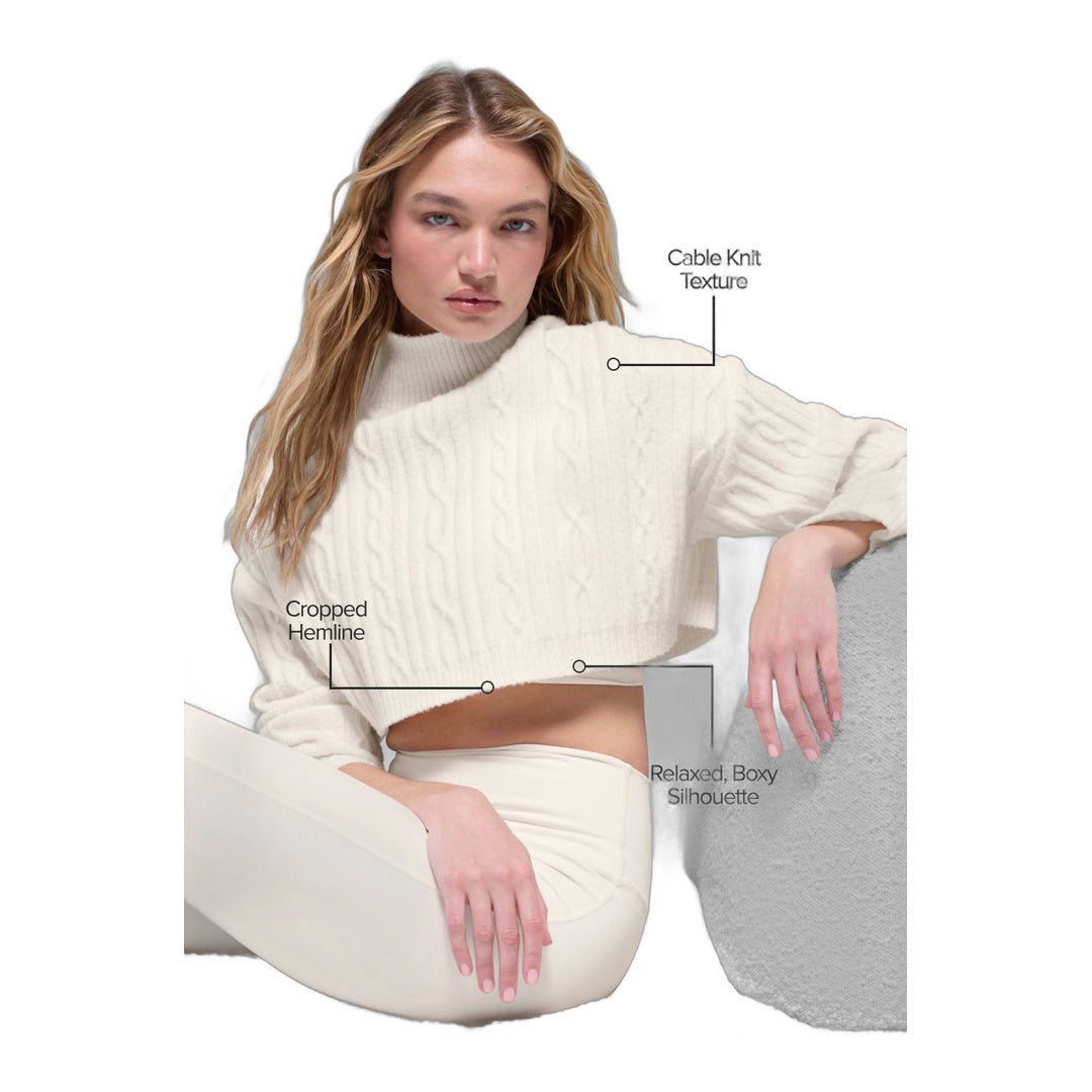 alo Cable Knit Cropped Winter Bliss Turtleneck Long Sleeve - Ivory